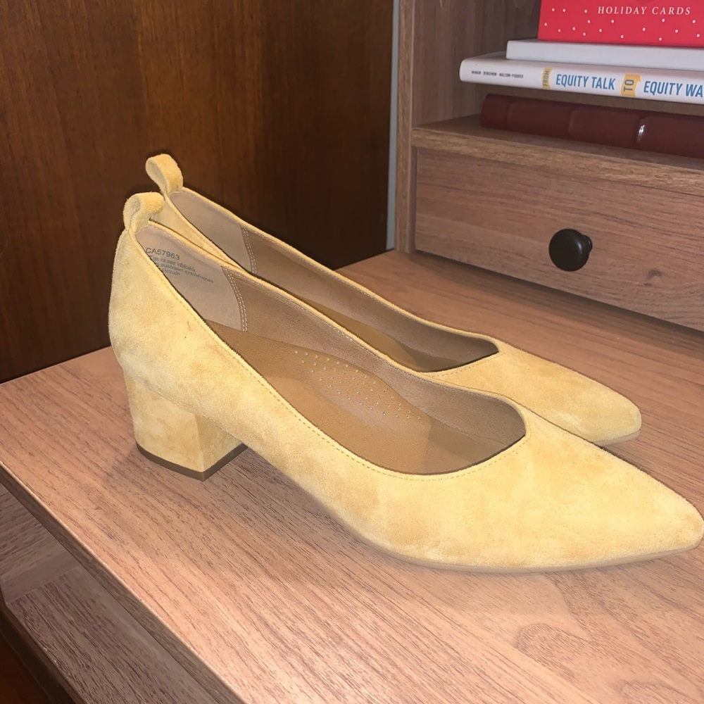 Yellow Suede Block Heel Pumps